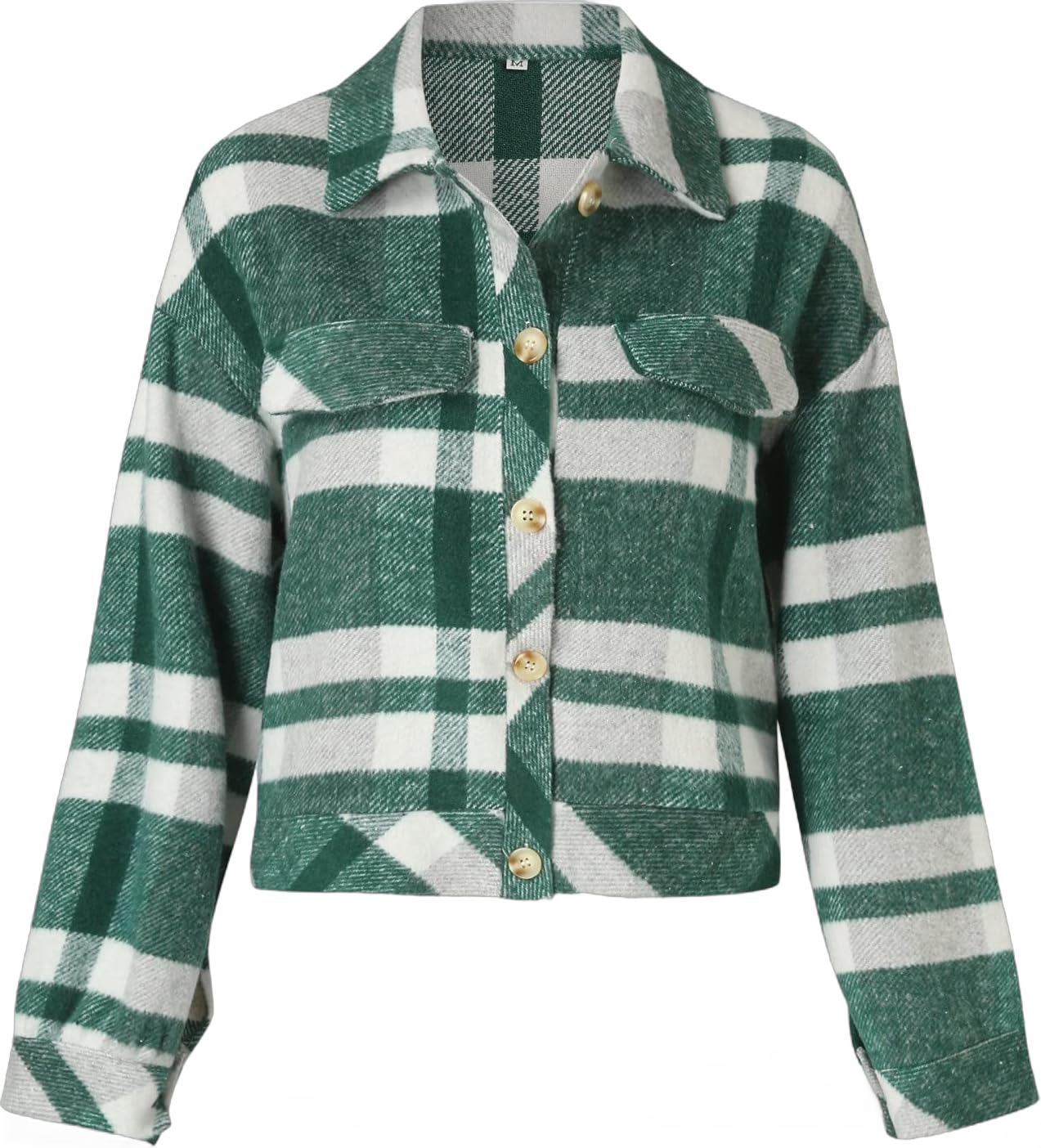 Miyaomn Women's Checked Flannel Cropped Shirt Jacket Woolen Turndown Collar Long Sleeve Button Down Plaid Short Shacket Coats Green Medium