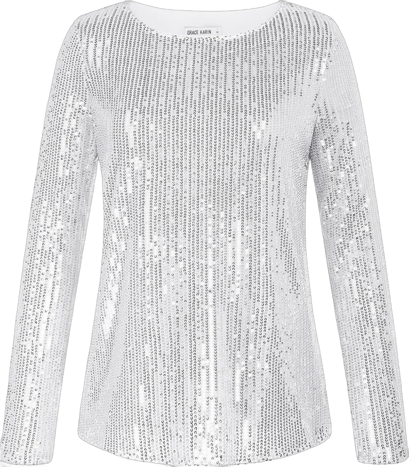 GRACE KARIN Sequin Tops for Women Sparkly Party Top Glitter Metallic Shimmer Casual Elegant Long Sleeve Shirts White Silver XL