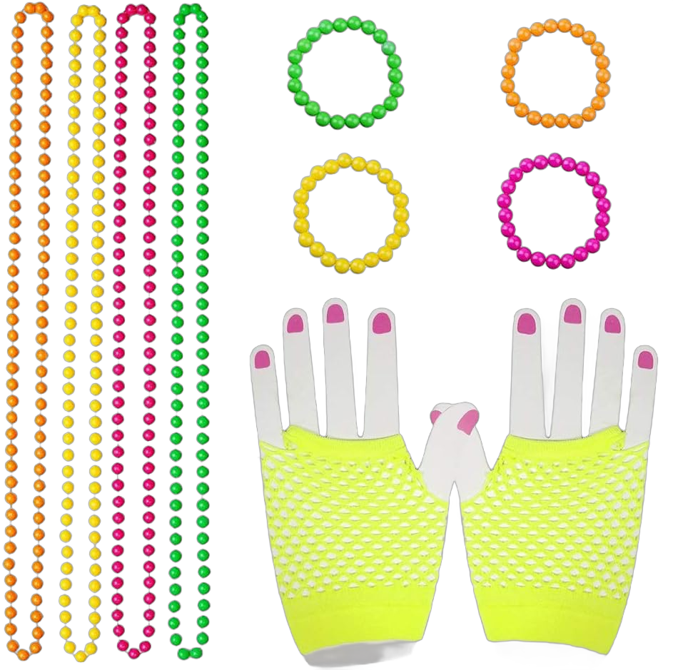 80s Women Costume Accessories Set Acrylic Neon Bead Necklace Bracelet Colorful Fingerless Short Fishnet Gloves for 80's Party Yellow