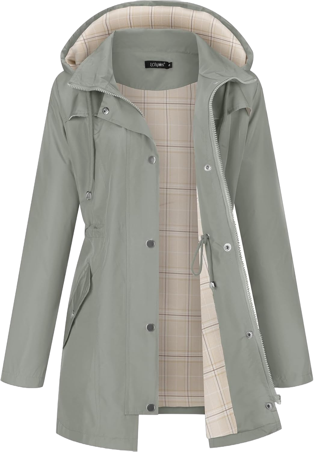 LOMON Women Rain Jacket Lightweight Hooded Jackets Women Lined Trench Coats Waterproof Outdoor Hiking Raincoat Grey L (Big Plaid Lining)