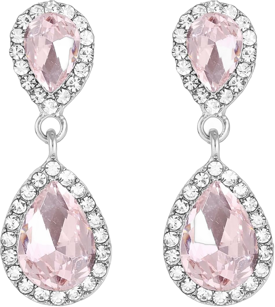 Vintage Rhinestone Teardrop Dangle Earrings Sparkle Crystal Bridal Earrings for Brides Bridesmaides Statement Drop Earrings for Women Wedding Formal Prom Pink-silver tone