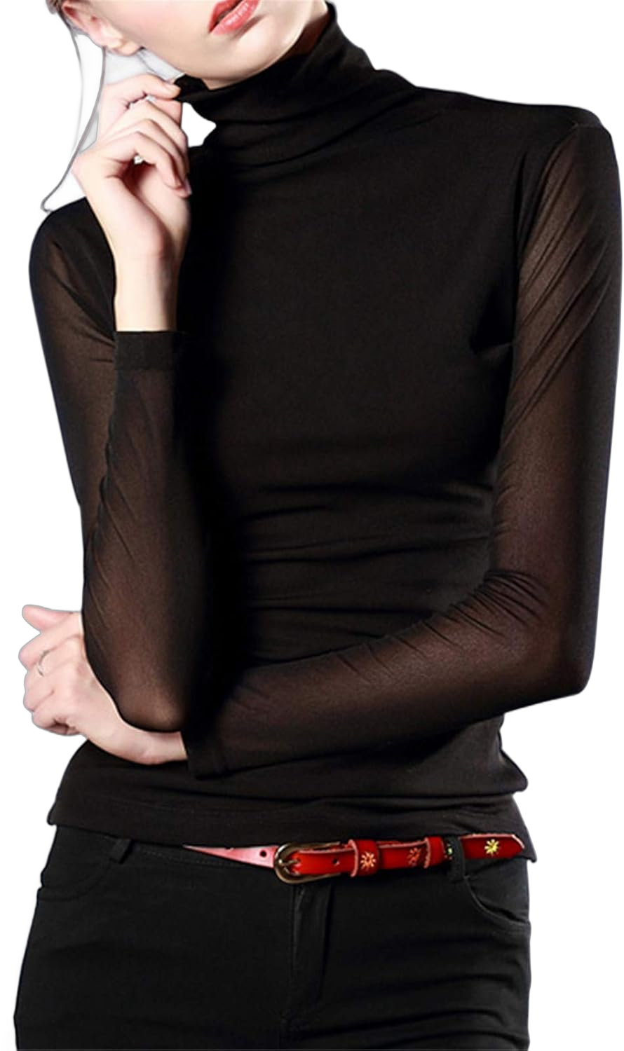 Women's Turtleneck Top Long Sleeve Slim Fit Shirts Mesh Sheer See Through Casual Top