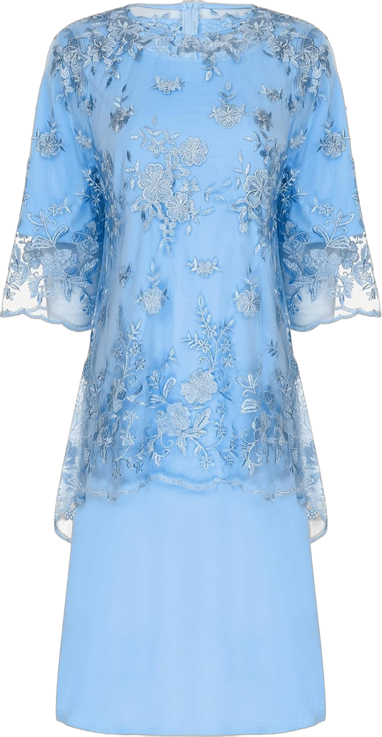 Jelory Womens Elegant Embroidery Lace Cocktail Party Midi Dress Plus Size Short Sleeve Wedding Guest Dresses Small Light Blue