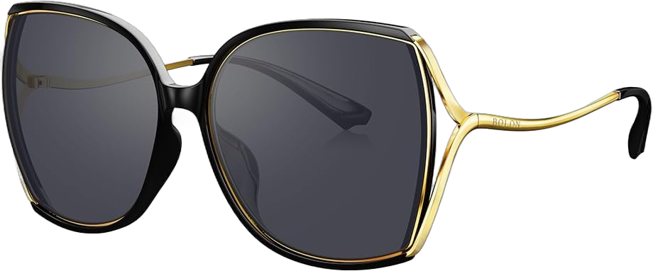 BOLON Women Elegant Romantic Curvy Temple Butter-Fly Nylon Lens UV400 Sunglasses BL7122 Black and Gold/Purple Grey Oversized Polarized 59 Millimeters