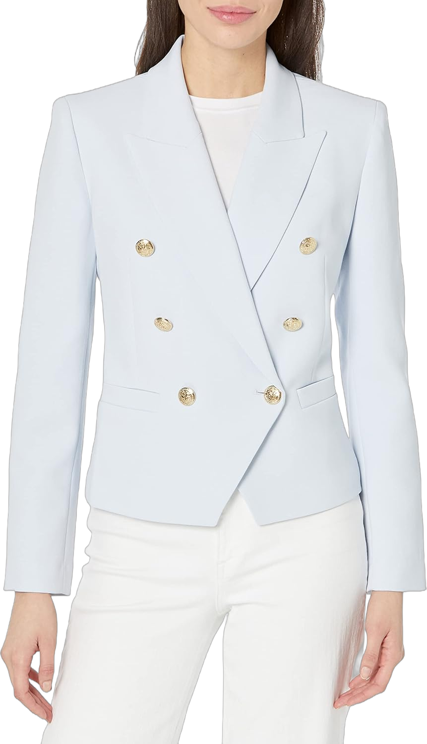 BCBGMAXAZRIA Women's Fitted Double Breasted Blazer Long Sleeve Button V Neck Peak Lapel Functional Pocket Jacket Small Light Blue