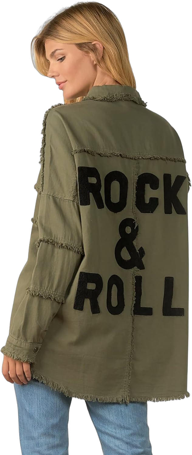 ELAN Women's Rock and Roll Distressed Button Up Jacket X-Small Olive