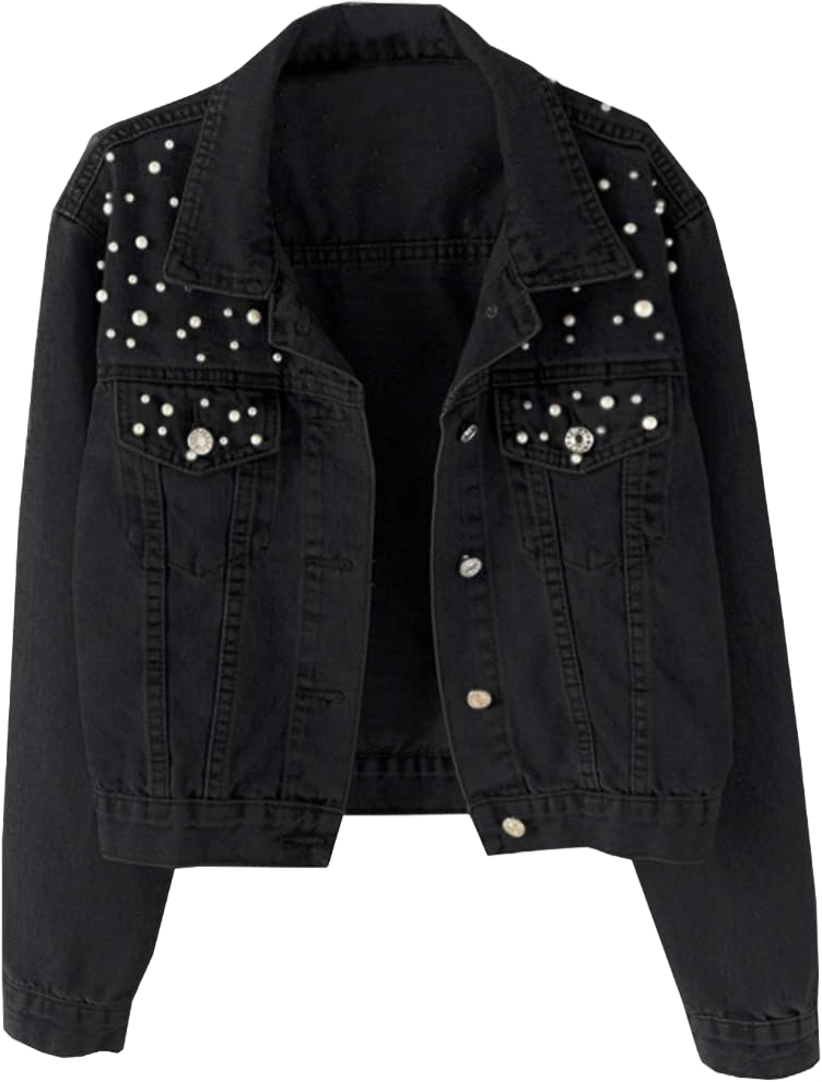 Kedera Women Oversized Denim Jacket Embroidered Pearls Beading Jeans Coat Large Black