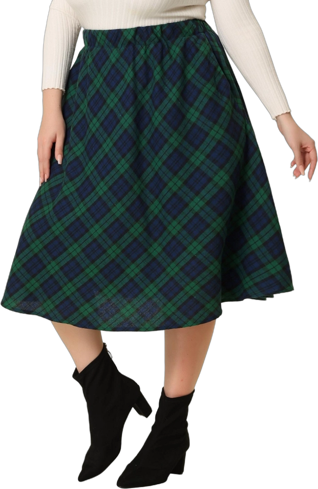 Agnes Orinda Women's Plus Size Velvet Plaid Elastic Waist Flare Fall A Line Skirts Green 4X