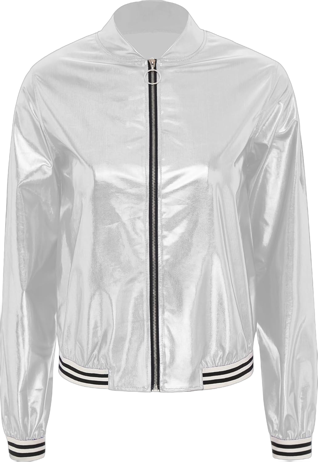 Freebily Women Shiny Metallic Bomber Jacket Lightweight Front Zip Long Sleeve Jacket Coat Outerwear X-Large Silver