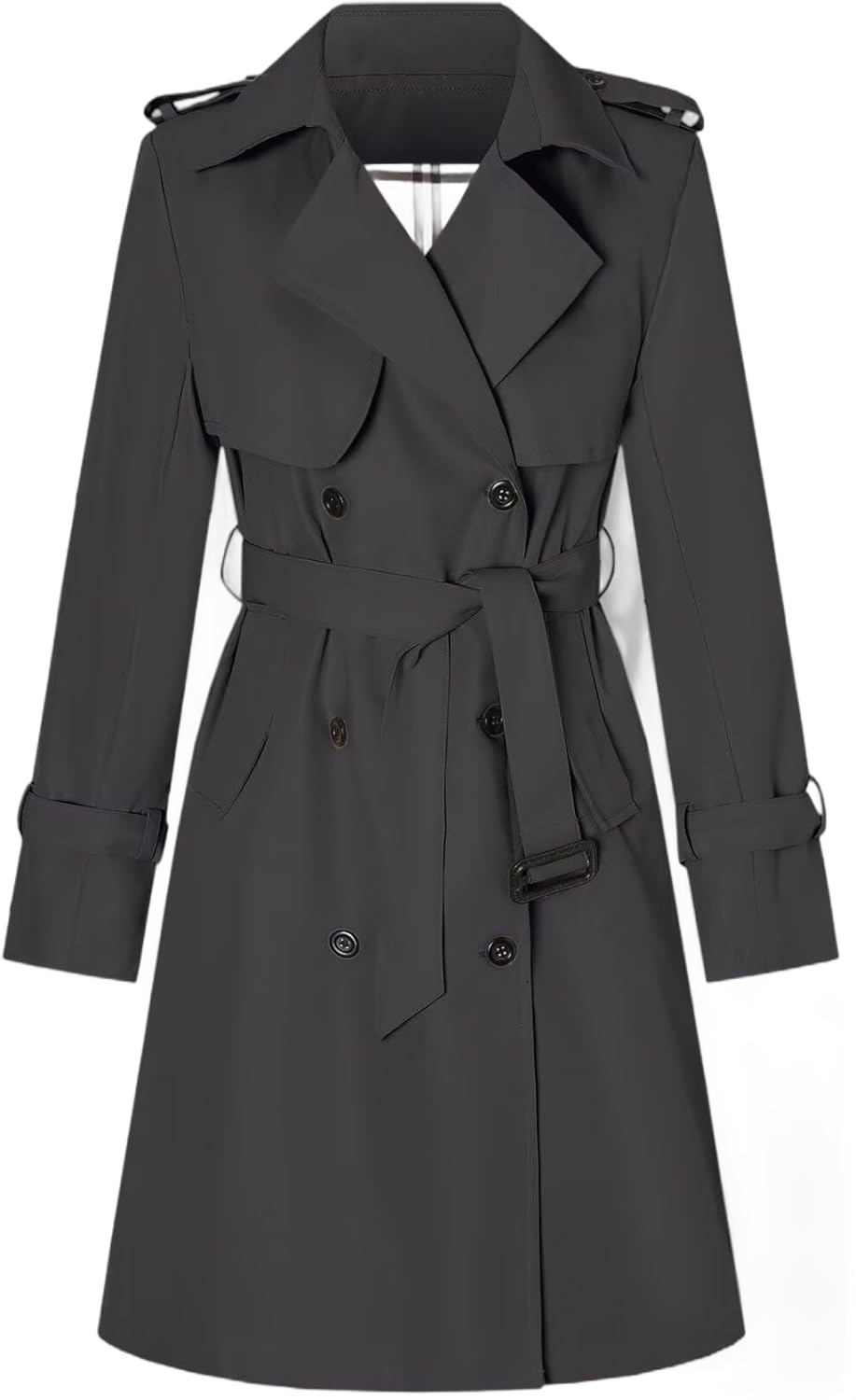 Betusline Women's Long Double-Breasted Trench Coat with Belt Medium Dark Grey