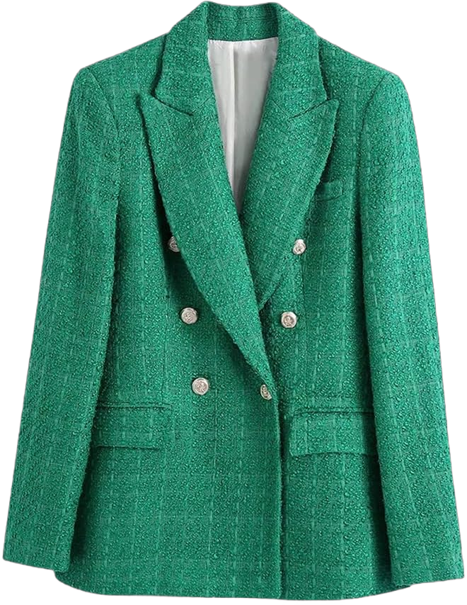 Women Double Breasted Tweed Green Blazer, Vintage Long Sleeve Coat, Chic Flap Pockets Outerwear