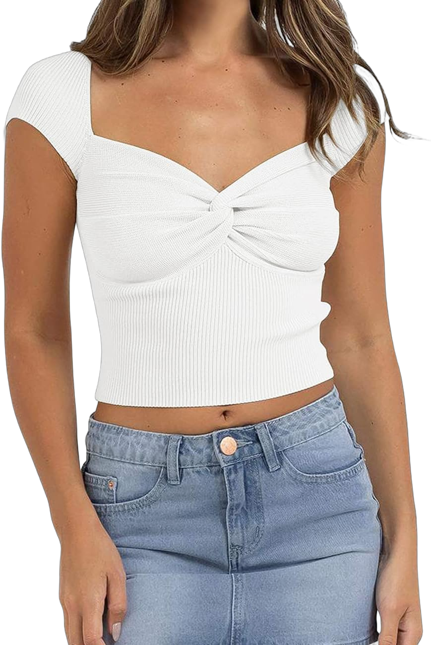 MISSACTIVER Women’s Twist Knot Sweetheart Neck Crop Top Sexy Short Sleeve Ribbed Knit Slim Fit Solid Cropped Tee Shirt Tops