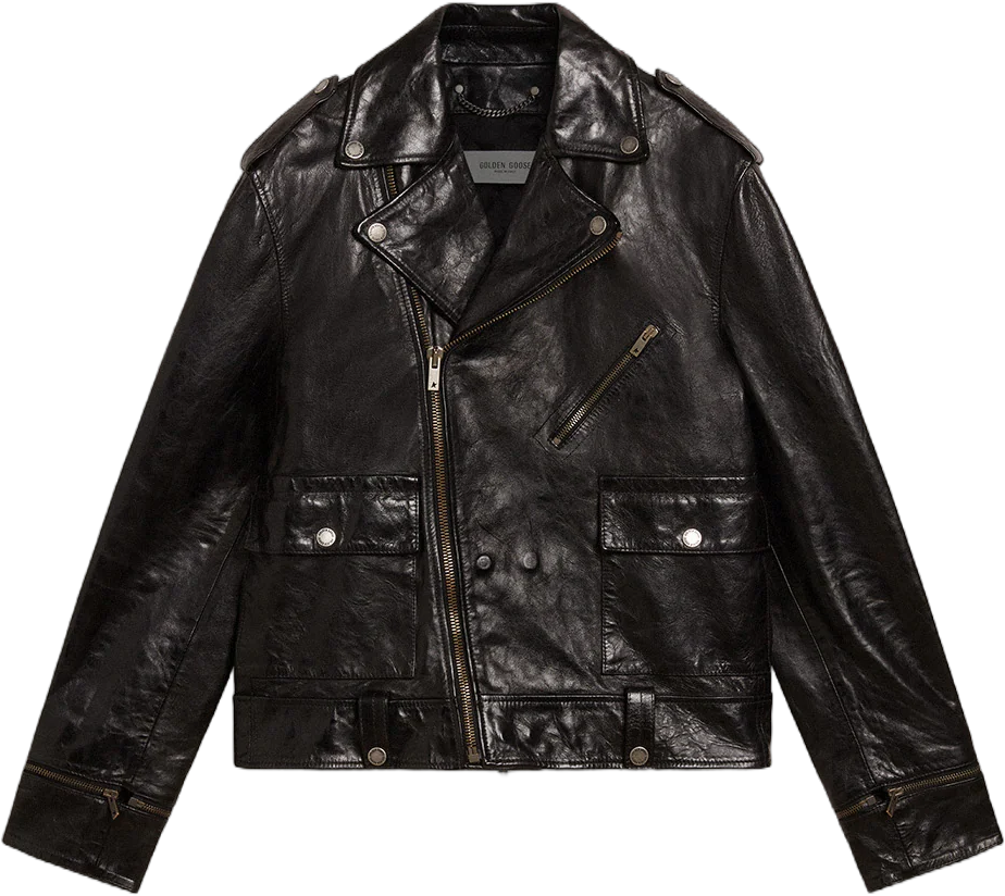 Men’s black leather biker jacket with glossy effect