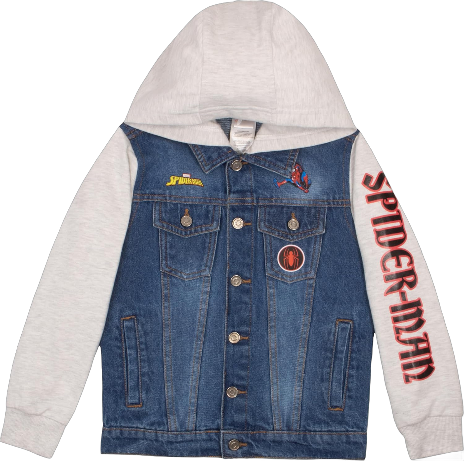 Marvel Spiderman Jean Jacket with Hoodie Spider-Man Miles Morales Denim Jacket for Little and Big Kid Boys Fashion Jacket 10-12 Gray and Blue