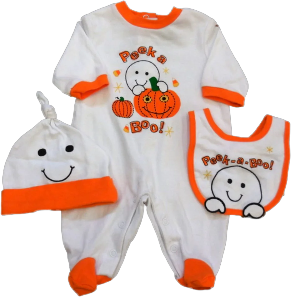 Prepare To Scare Infant Boys White Peek A Boo Ghost Coverall Bib & Hat Set 6m