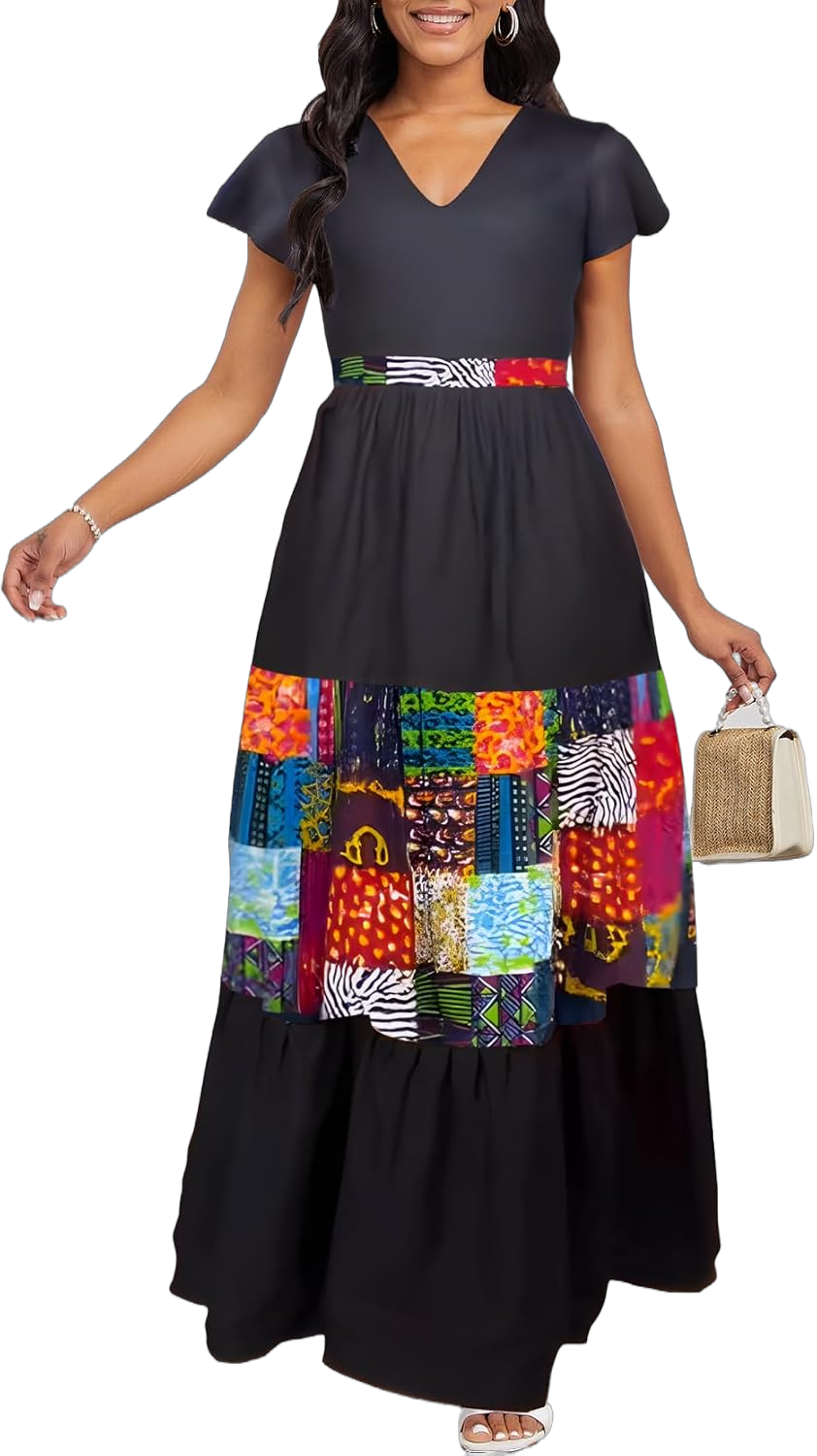 Women's Maxi Dress African Print Summer 2024 Ruffle Sleeve V Neck Belted Long Dresses with Pockets XX-Large Colorful