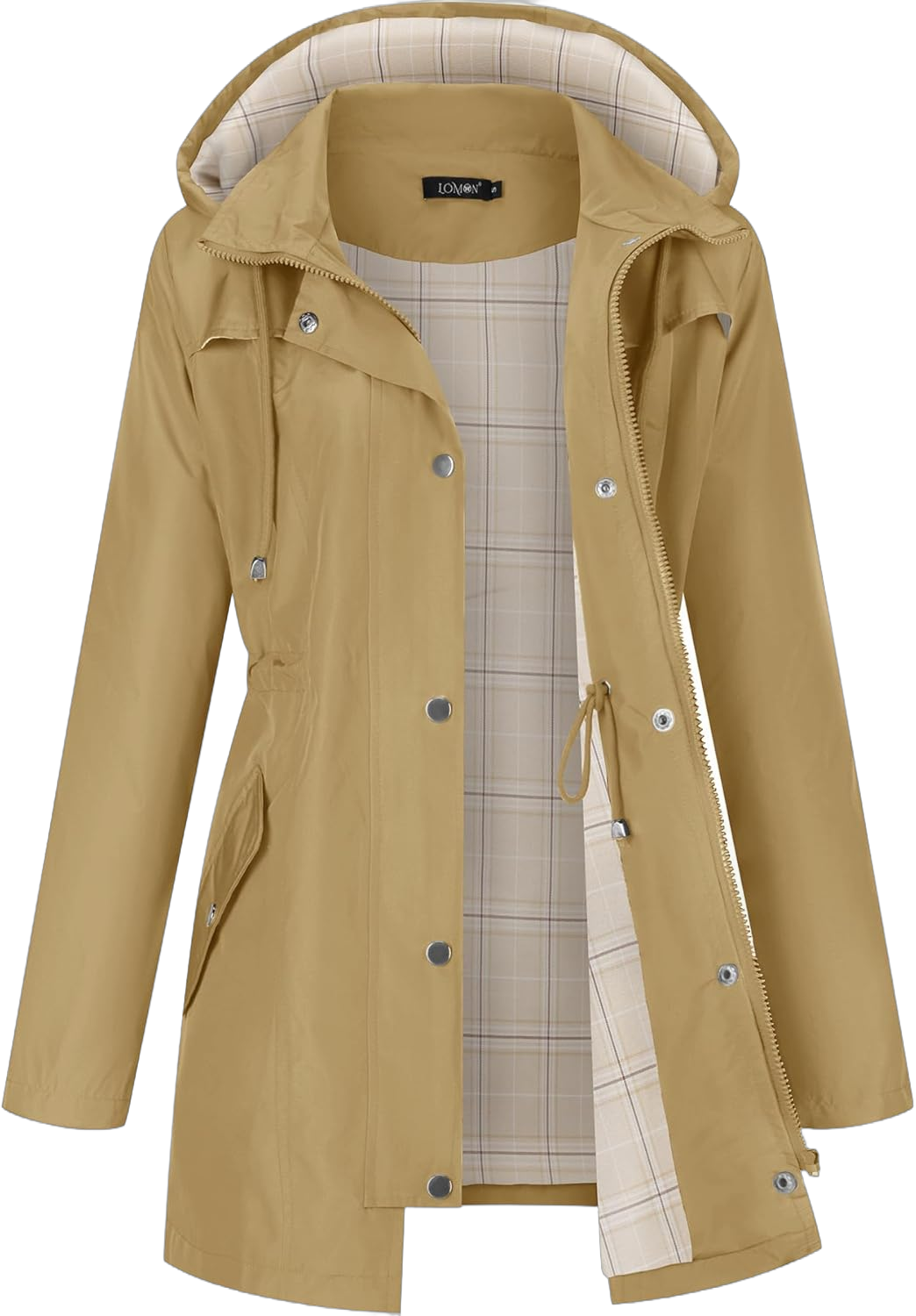 LOMON Women Rain Jacket Lightweight Hooded Jackets Women Lined Trench Coats Waterproof Outdoor Hiking Raincoat Khaki XXL (Big Plaid Lining)