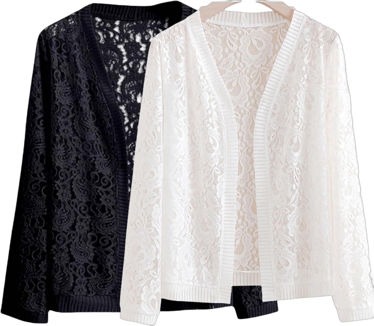 Women's Long Sleeve Open Front Floral Lace Mesh Cardigan 3X-Large Black+white 2