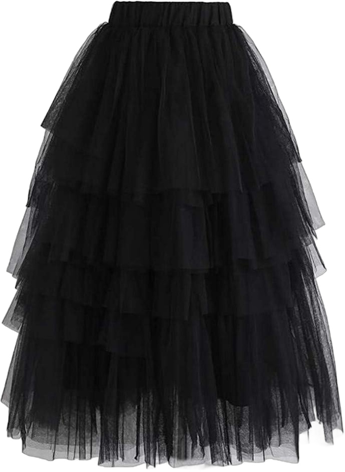 Women's Elastic Waist Tiered Layered Mesh Tulle Tutu A-line Midi Skirt 14 Black