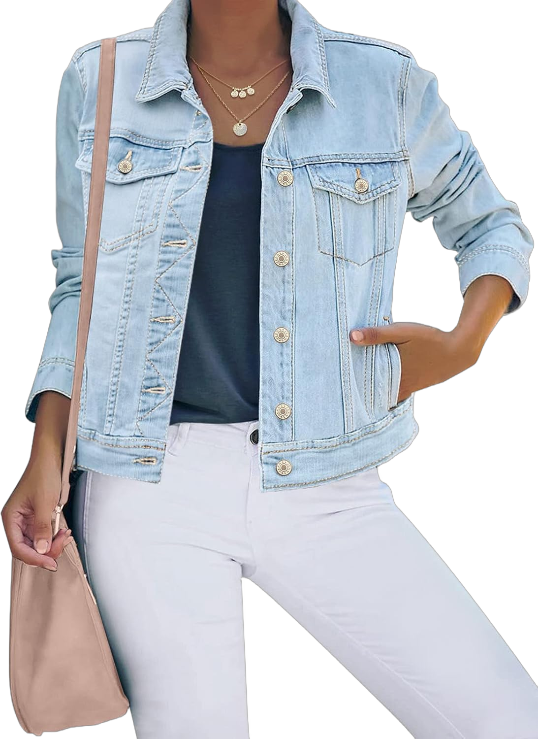 luvamia Women's Basic Button Down Stretch Fitted Long Sleeves Denim Jean Jacket Small Light Blue