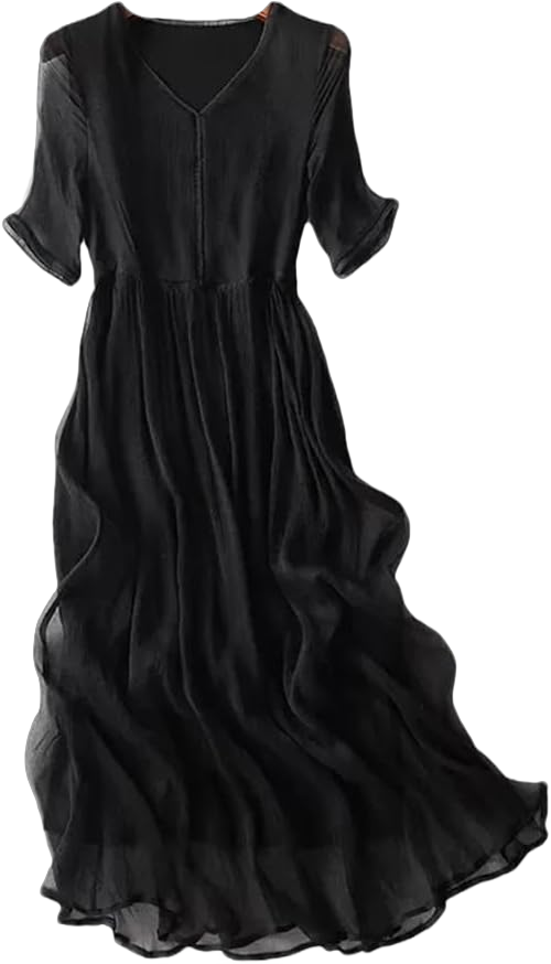 100% Natural Mulberry Silk Party Dress for Women V Neck Beach Dress Half Sleeves Evening Dress Large Black