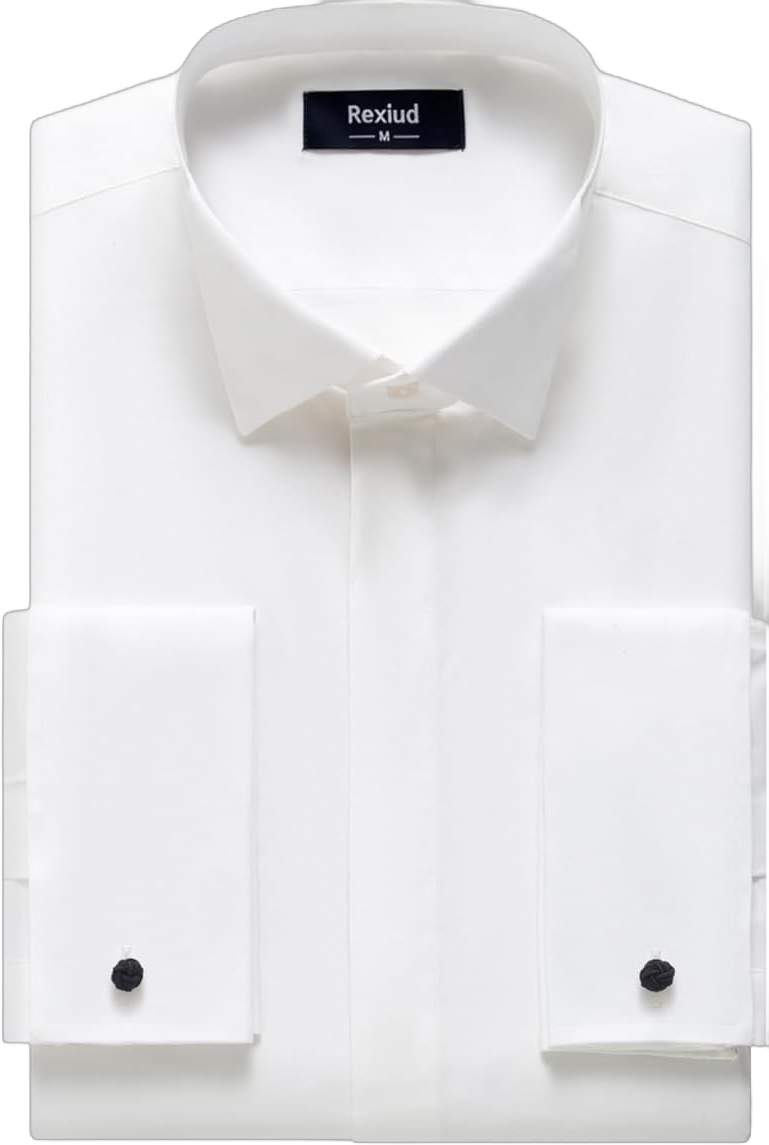 Men's Tuxedo Shirt Hidden Button Wing Collar French Cuffs Dress Shirt Solid Large White