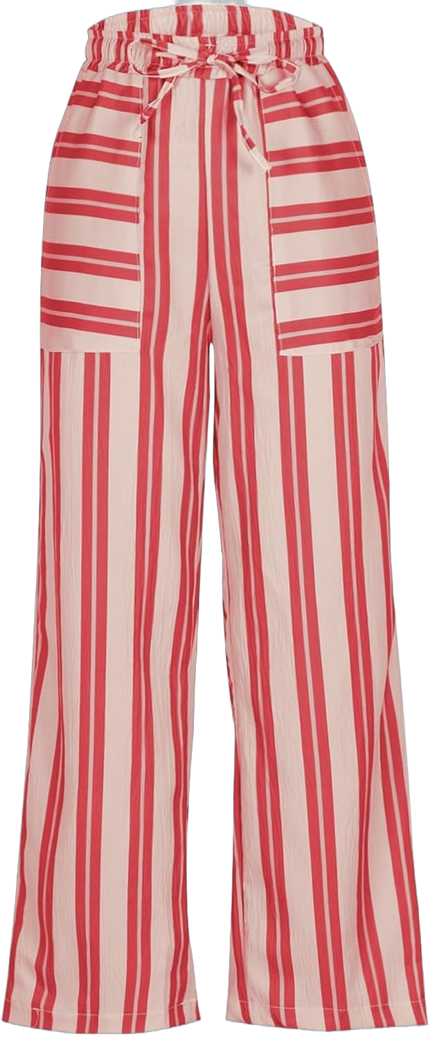 Generic Womens Striped Pants Casual, Summer Fall Wide Leg Flowy Lounge Pants, Drawstring Low Rise Trousers with Pockets #04 Red Small