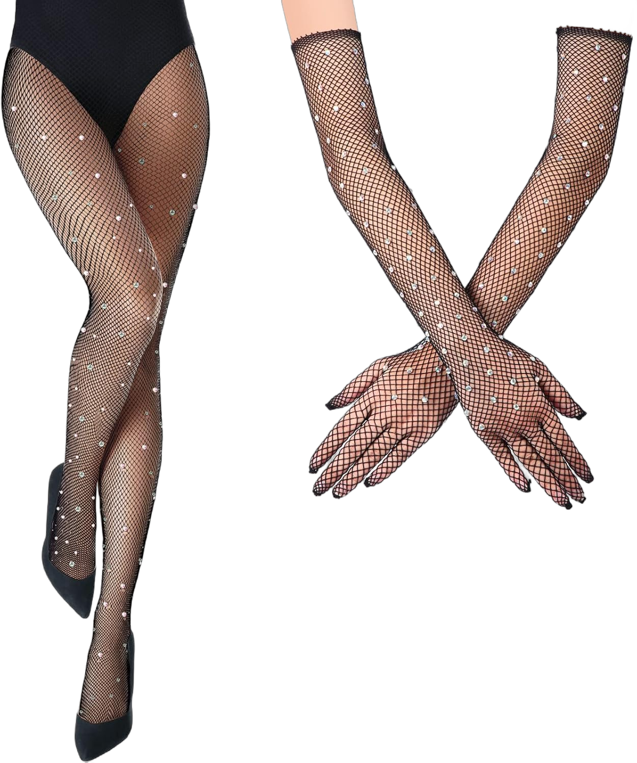 SATINIOR Women Rhinestone Fishnets Mesh Stockings with Glitter Gloves Black Fishnet Gloves Rhinestone Gloves for Cosplay masquerade Parties Stage Performance