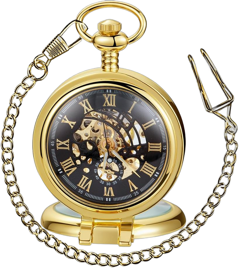 Silver/Gold Transparent Cover Mechanical Pocket Watch for Men Vintage Skeleton Dial Clock Hand Wind Male Fob Chain Watches gold-010