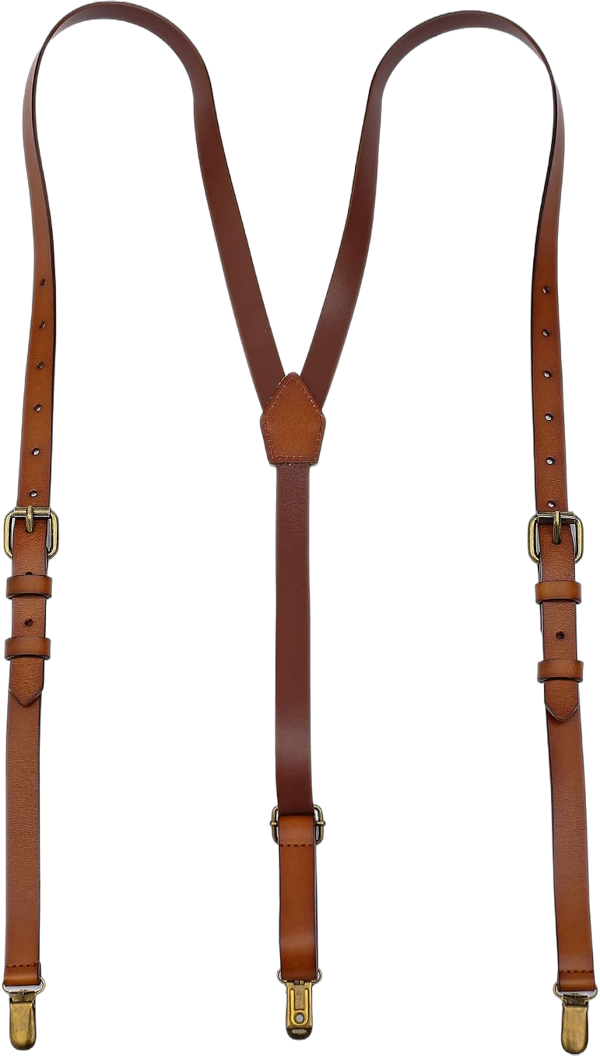 Leather Suspenders For Men Y Back Design Adjustable Brown Genuine Leather Suspenders Personalized groomsmen gifts 01# M (Standard)