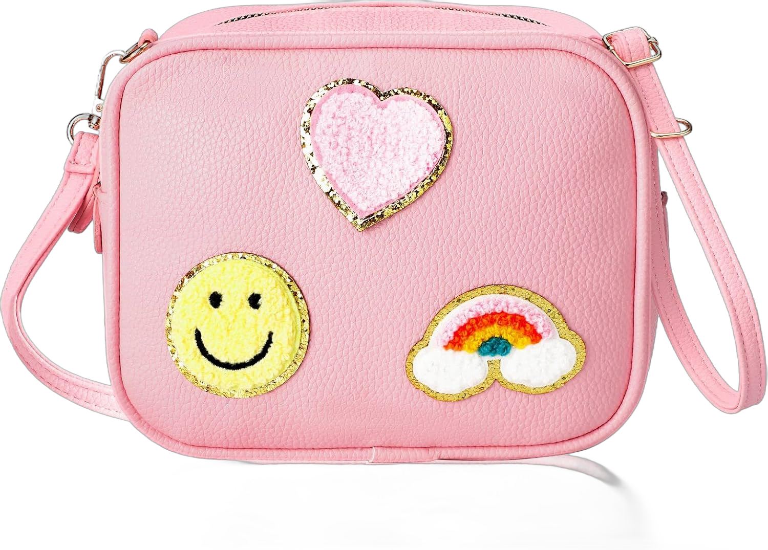 Pink Preppy Purse Little Girls Crossbody Bag with Smiling Face Chenille Rainbow Heart Sign Bag Adjustable Straps Design Preppy Purse Accessories for Little Girl Teenager Students