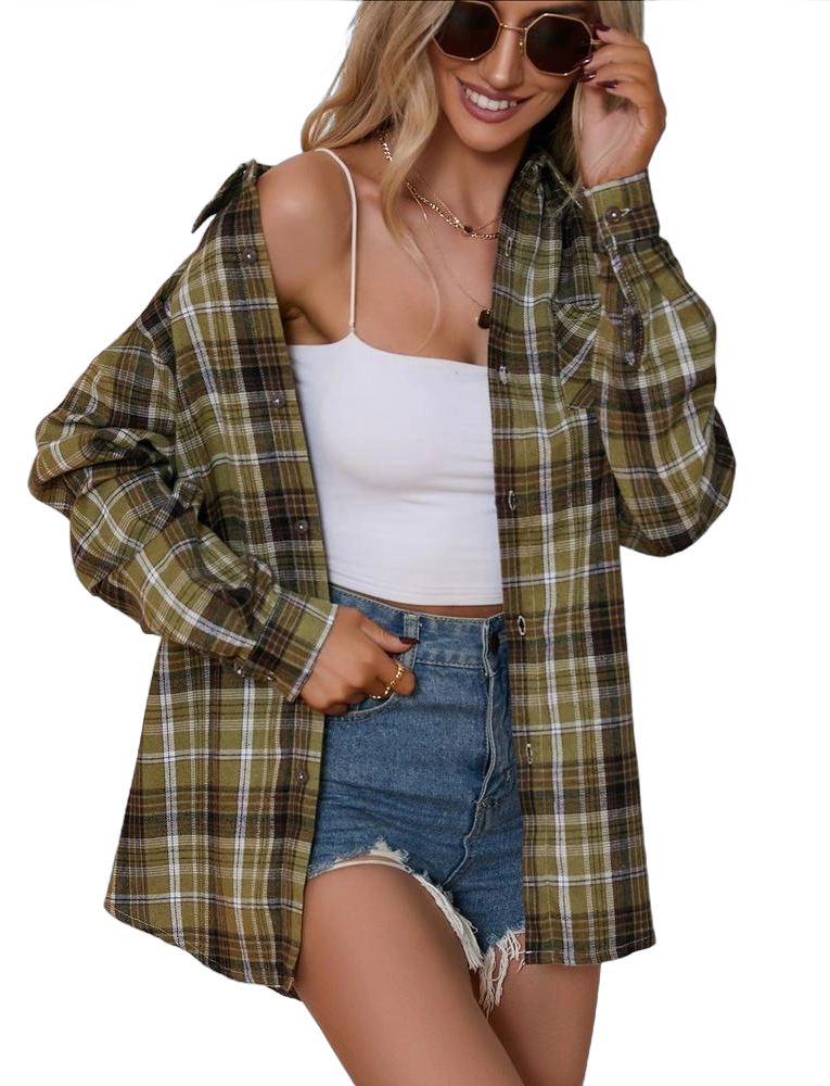 Whizmax Womens Spring Fashion 2023 Plaid Flannel Jacket Casual Long Sleeve Button Collared Neck Oversized Shirts green M