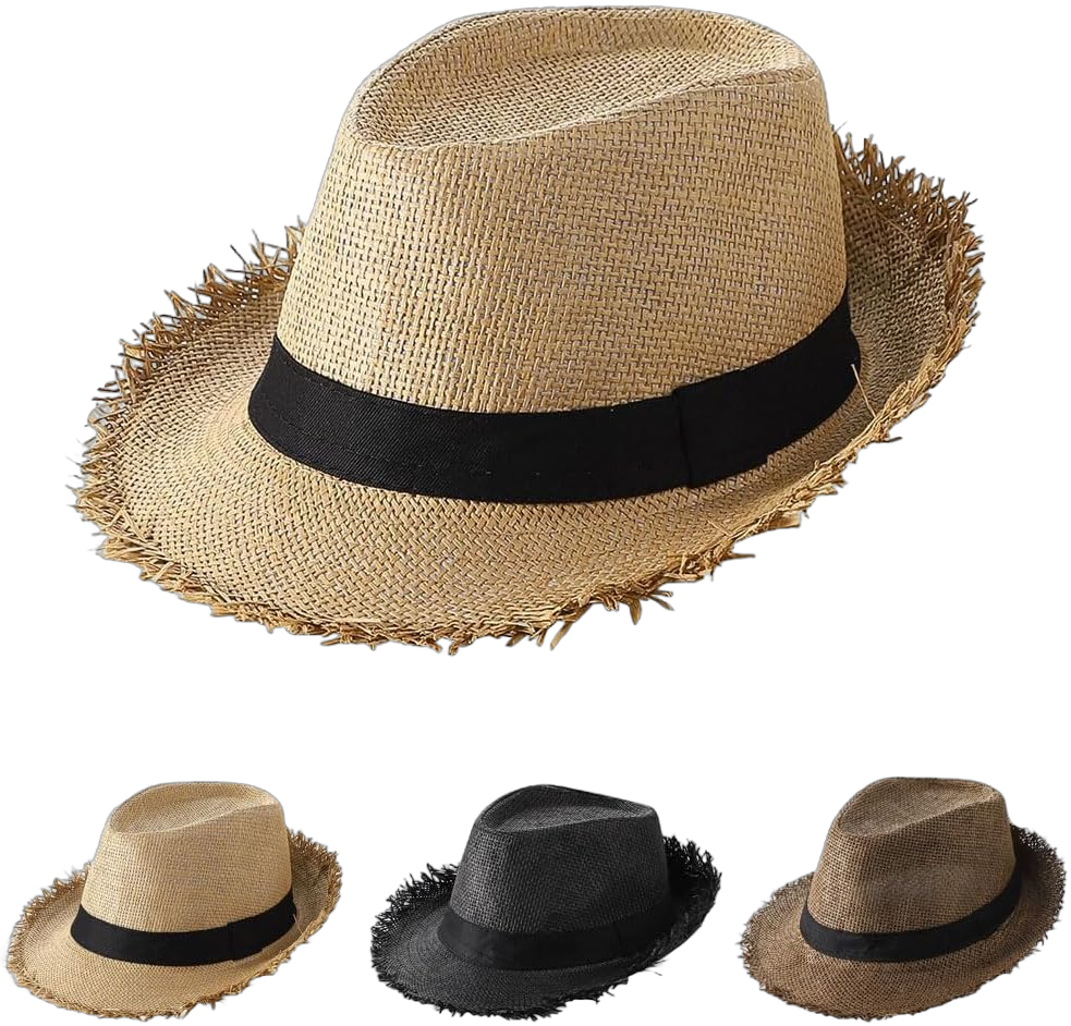 Straw Fedora Hat for Men Women Short Brim Panama Sun Beach Hat Summer Roll Up Cuban Trilby Sun Hat UPF 50+ Medium Wide-khaki