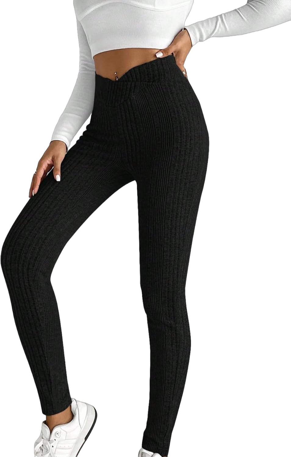 WDIRARA Women's Elastic Waist Leggings Ribbed Knit Casual Long Pants Small Black Plain