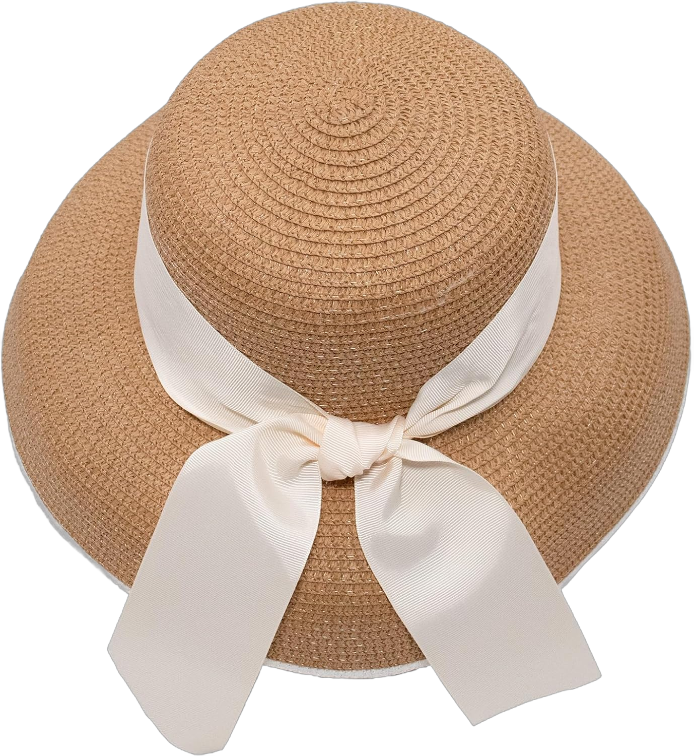 surell Straw Wide Brim Hepburn Hat with White Ribbon - Cute Summer Beach Hat for Women - Straw Bucket Hat with Bow - (Natural/Cream)