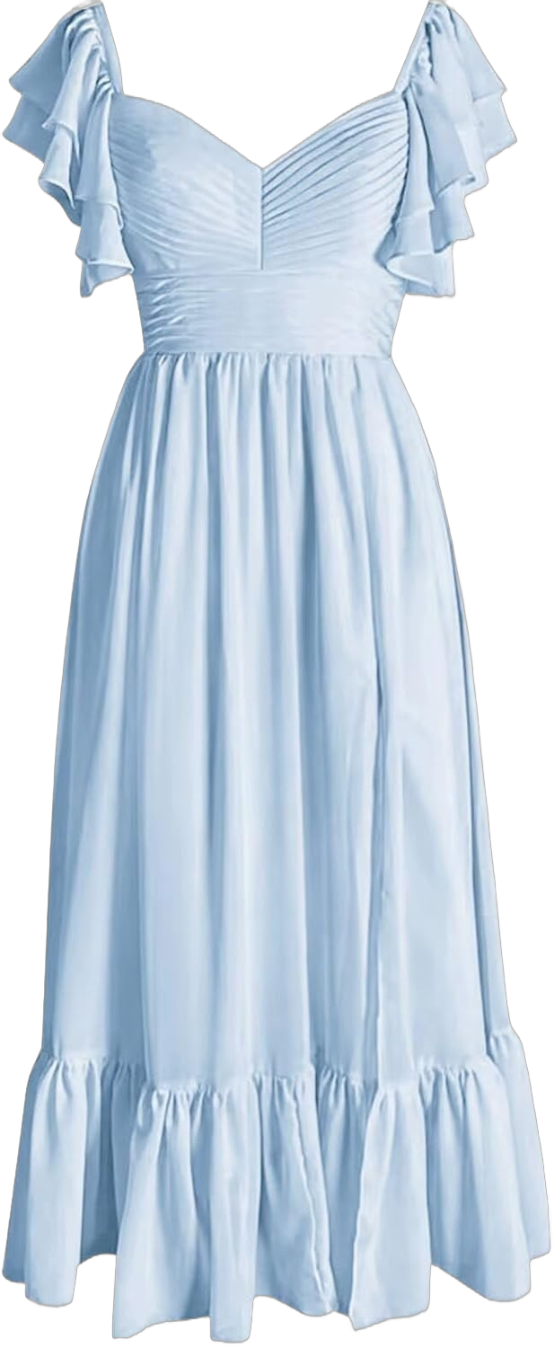 Chiffon Bridesmaid Dresses for Women with Slit Ruffled Wedding Guest Dresses Ankle Length for Women Formal with Sleeves 2 Light Blue