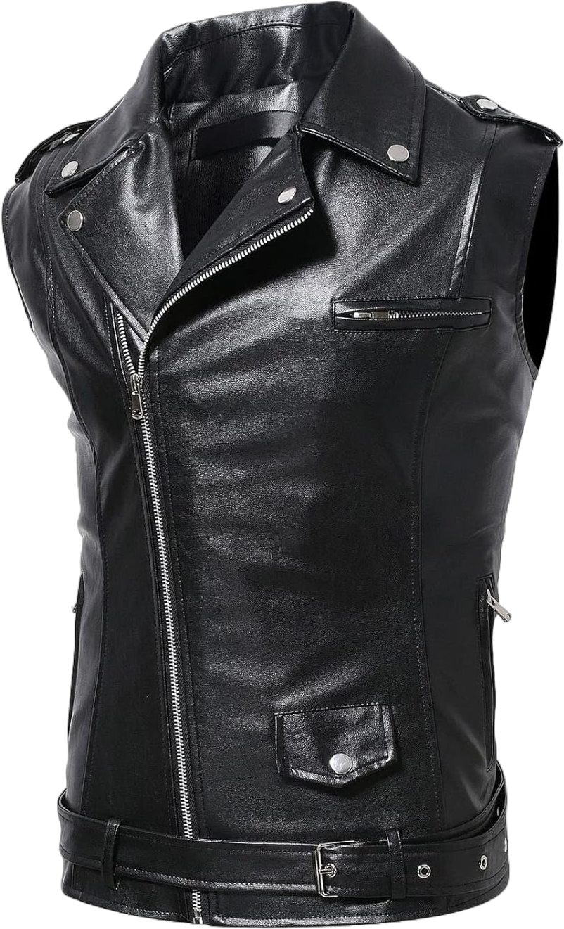 Maiyifu-GJ Men's Faux Leather Biker Sleeveless Jacket Vintage Asymmetric Zip Motorcycle Vest PU Lightweight Punk Belted Coat (Black,Large)