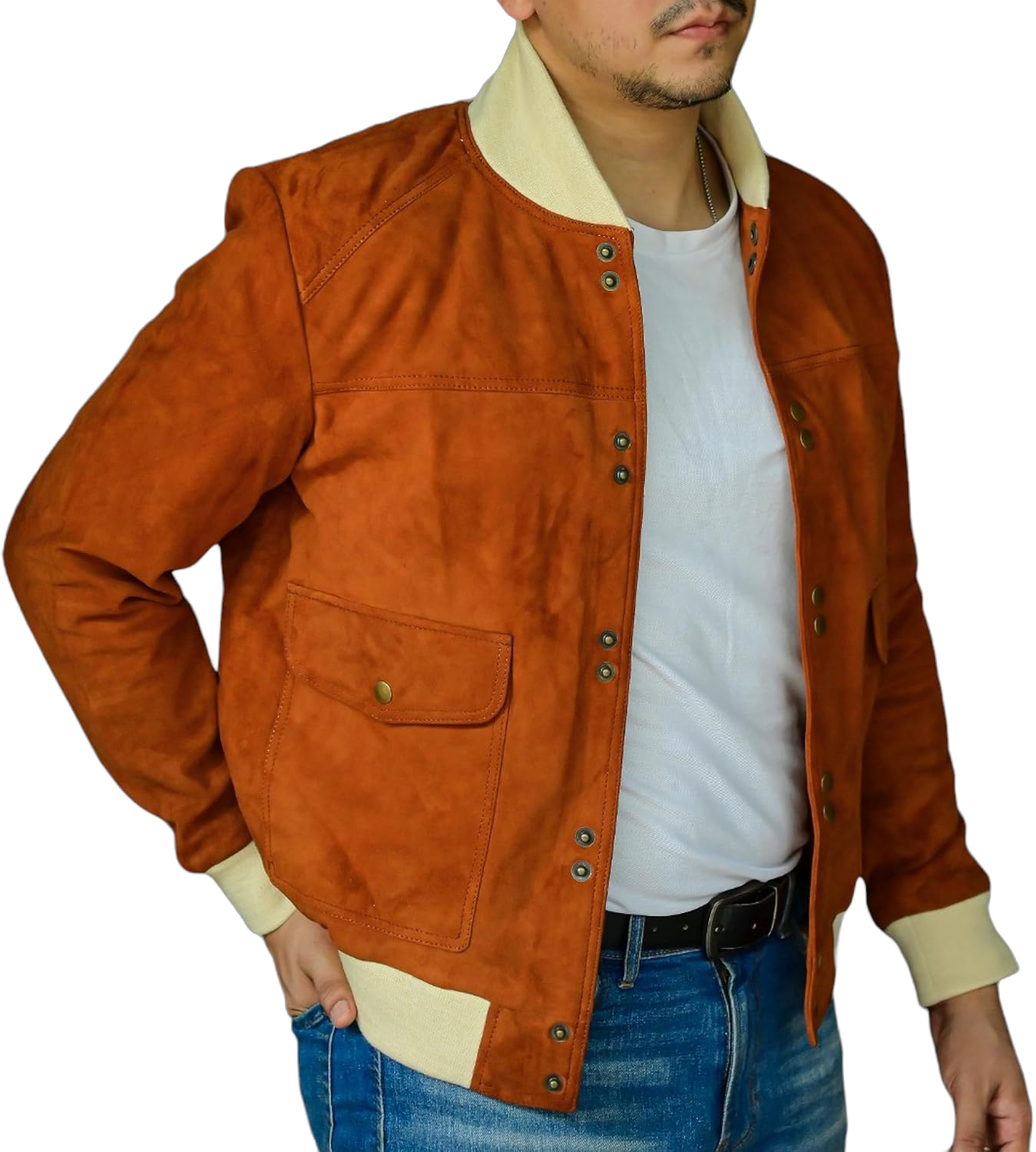 Jild Varsity Letterman Real Suede Jacket Men - Button Down High School Baseball Style Leather Bomber Jacket Men Tan Medium