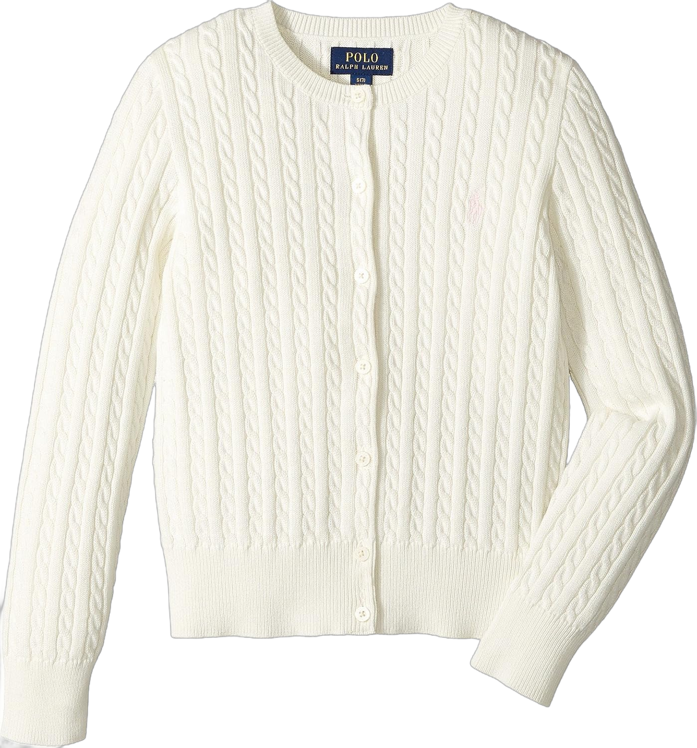 Polo Ralph Lauren Kids Girl's Cable Knit Cotton Cardigan (Little Kids/Big Kids) Warm White/French Pink Pony Player XL (16 Big Kids)