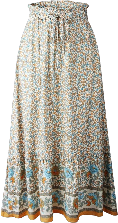 Women Floral Printed Elastic Waist Tie A Line Bohemian Beach Long Maxi Skirt X-Large Apricot