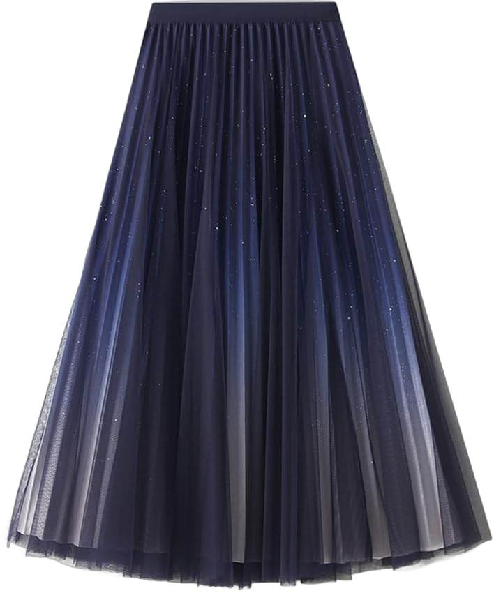 Women's Midi Skirt Tulle Skirt Layered Sequin Pleated Skirt High Waist Gradient Skirt Medium Blue