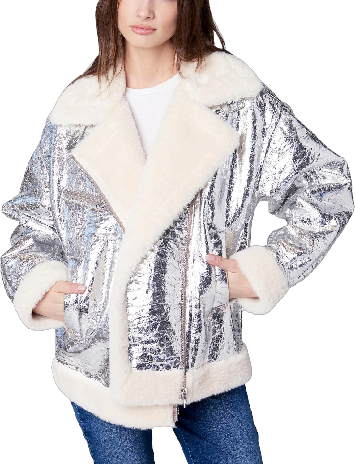 [BLANKNYC] Womens Metallic Vegan Leather Bonded Moto Jacket Small-Medium Shinning Star