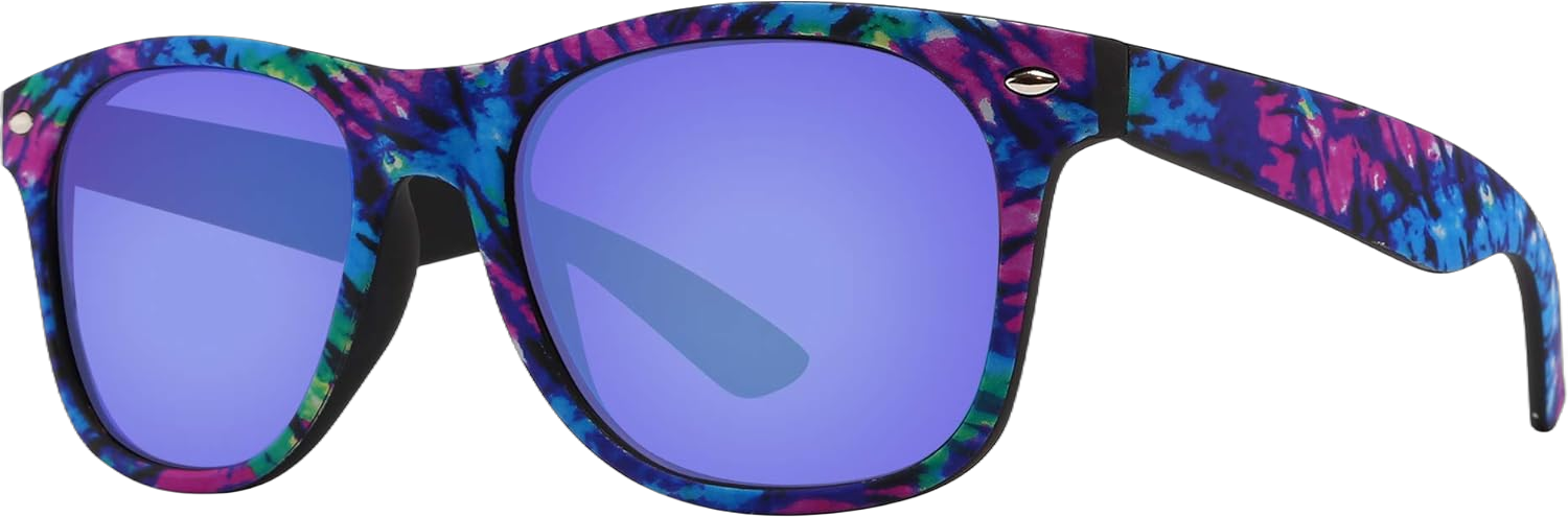 Piranha Digital Unisex Retro Sunglasses with Purple Pattern Frames and Blue Mirror Lens