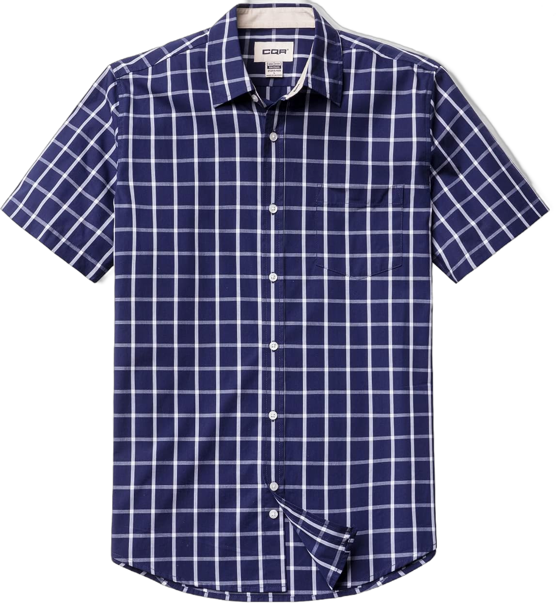 CQR Men's Regular Fit Short Sleeve Shirts, 100% Cotton Button-Up Casual Poplin Shirt X-Large Short Sleeve Poplin Navy Windowpane