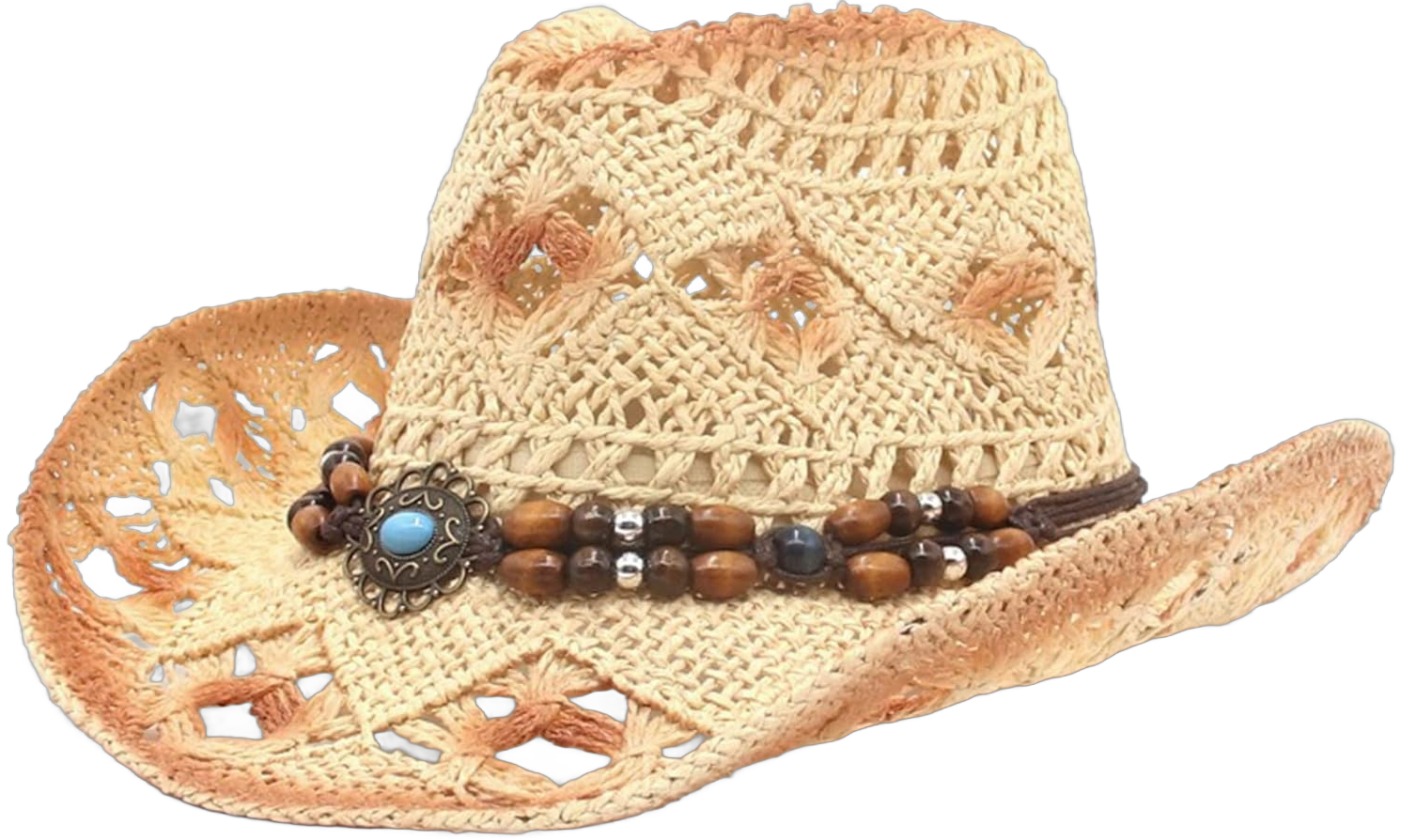 Straw Cowboy Hat for Women Men Roll Up Brim Cowboy Hat with Beaded Band for Rodeo, Festival, Party, Horseback Riding One Size Beige