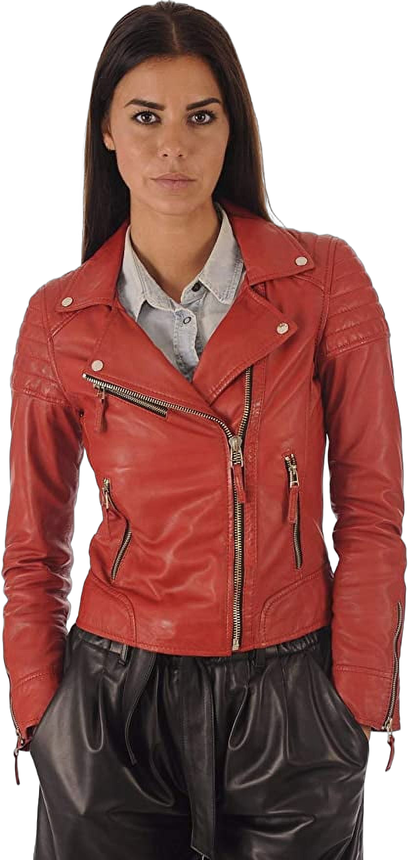 SkinOutfit Women Leather Jacket Genuine Lambskin Stylish Casual Slim fit Biker Motorcycle Coat Outerwear 41 XS Red