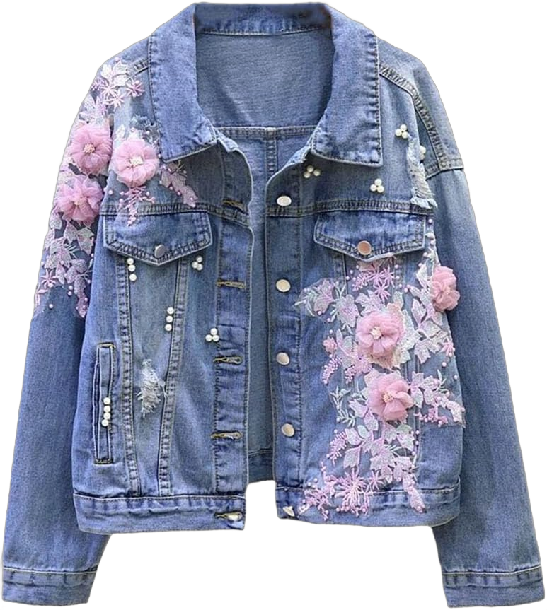 Spring Autumn Denim Jacket Women Embroidery Flowers Hole Cowboy Outerwear Casual Jean Coat XX-Large Pink