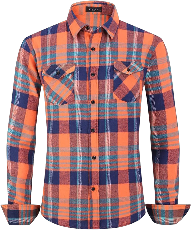 MCEDAR Men’s Plaid Flannel Shirts-Long Sleeve Casual Button Down Slim Fit Outfit for Camp Hanging Out or Work Men XX-Large Orange Blue Grid