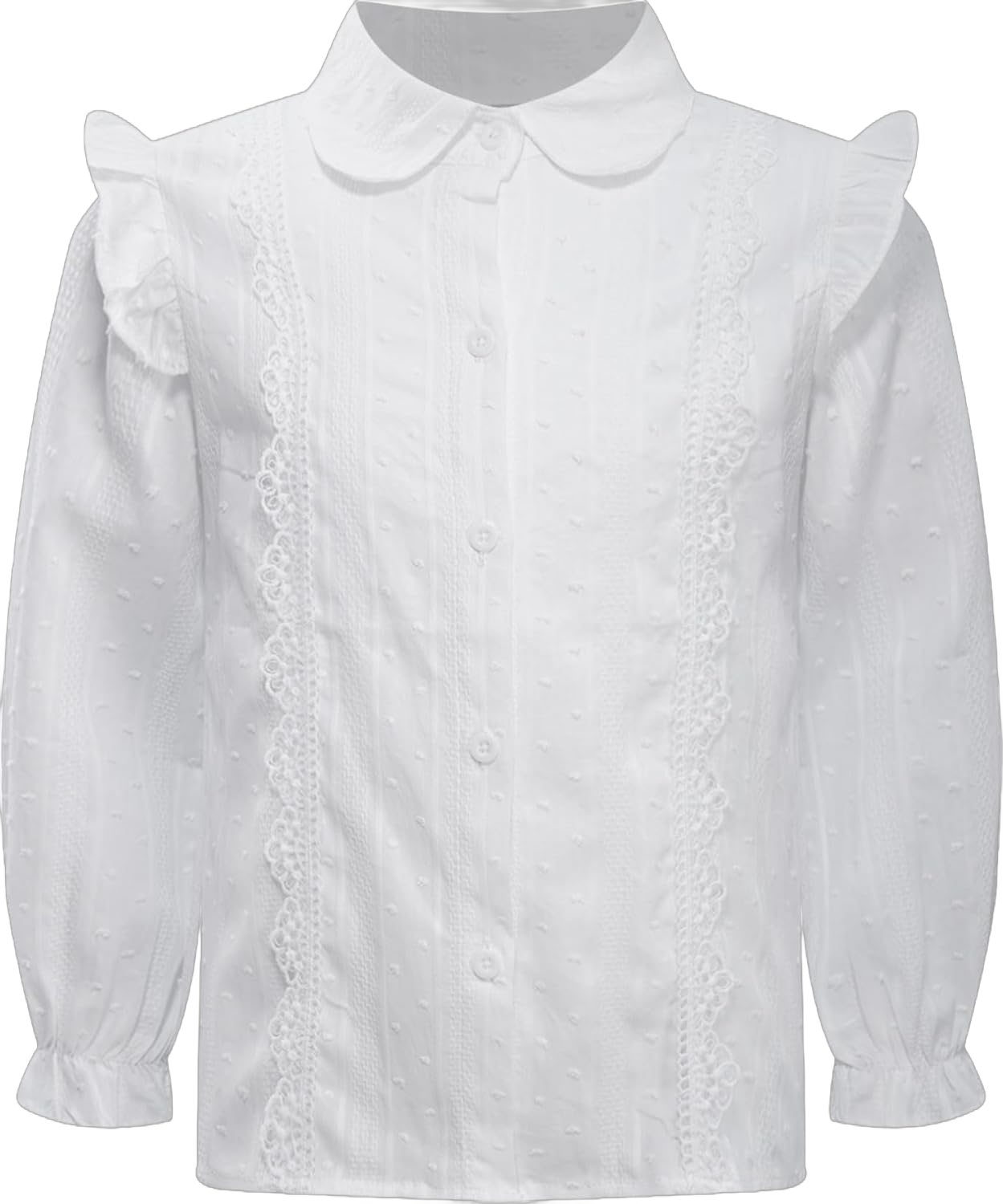 Hularka Kids Girls Lace Trim Ruffle Long Sleeve Button Down Shirt School Uniform Shirt Princess Blouse Top 7-8 Years White