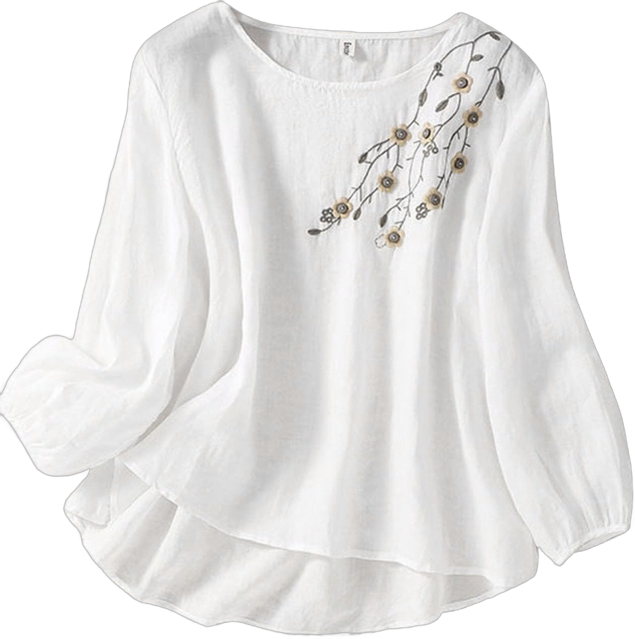 Spring/Women's Linen Embroidered Round Neck Long Sleeve T Shirt Vintage Bohemian Loose Fit Floral Applique Top (a-White, L), Large